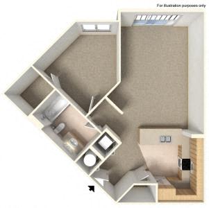 Floor plan for 1 bed, 1 bath, 734 sqft